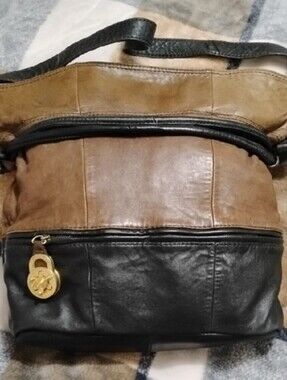 STEVE MADDEN Leather Vintage Brown & Black Tote Satchel! Brass Turn Lock Clasp!